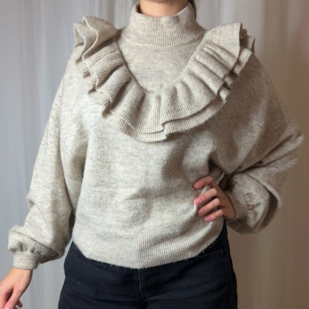 Free People Cream Ruffled Turtleneck Sweater